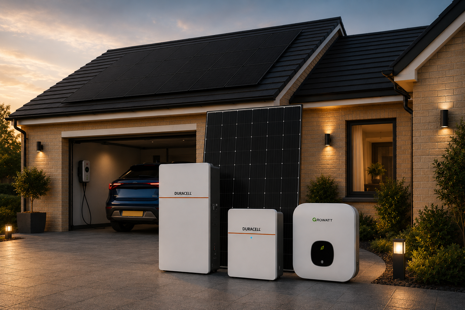 Modern home with solar panels and EV charging